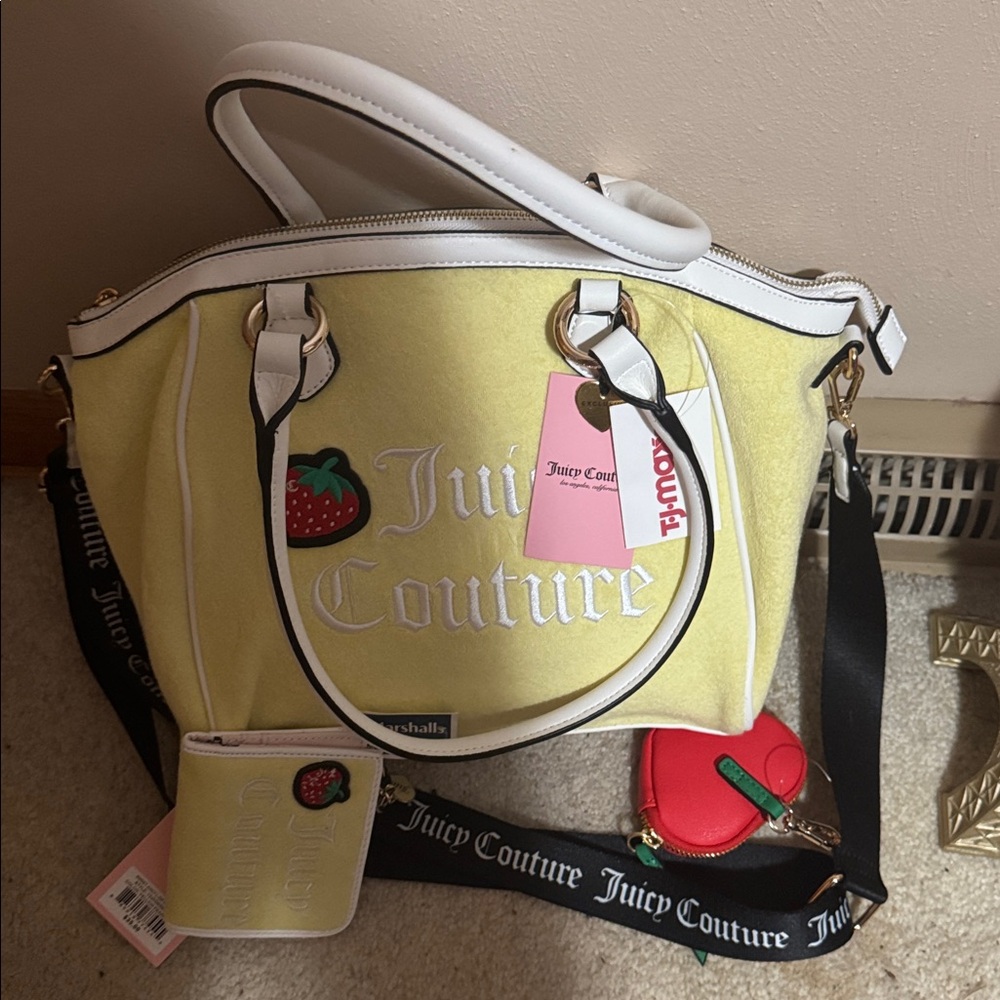 Juicy Couture Yellow Terry Cloth bag & Wallet w/ Strawberry Patch & change purse